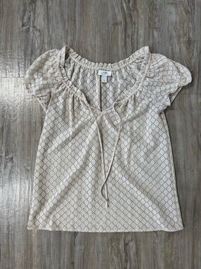 LOFT Cream Geometric Tie-Neck Short Sleeve Top